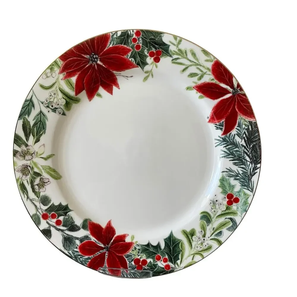 Grace Teaware Christmas Poinsettia Dinner Plates 10.5in Set of 4 Holiday New
